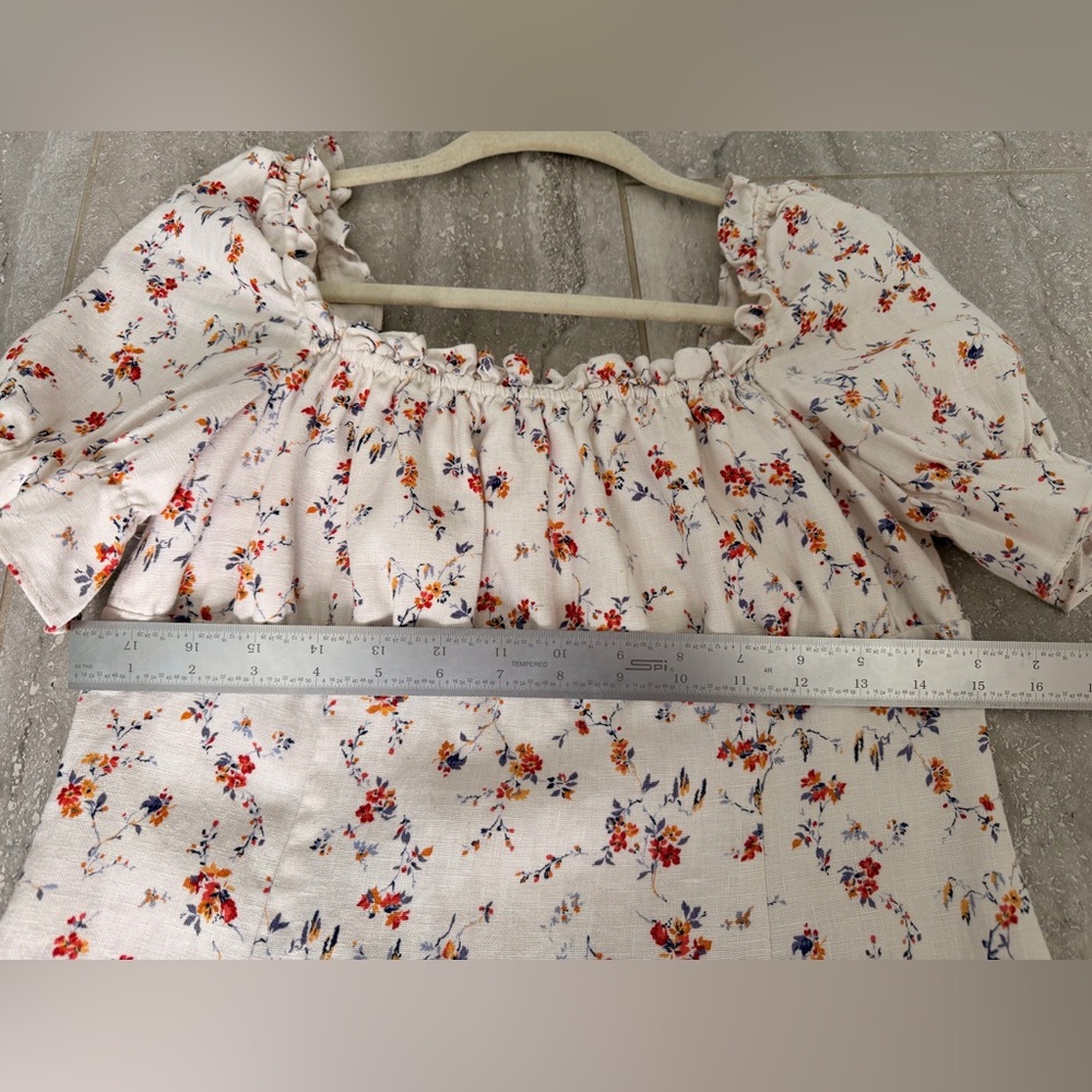100% linen Reformation White Floral Mini Dress Robles puffed sleeves - Picture 11 of 12